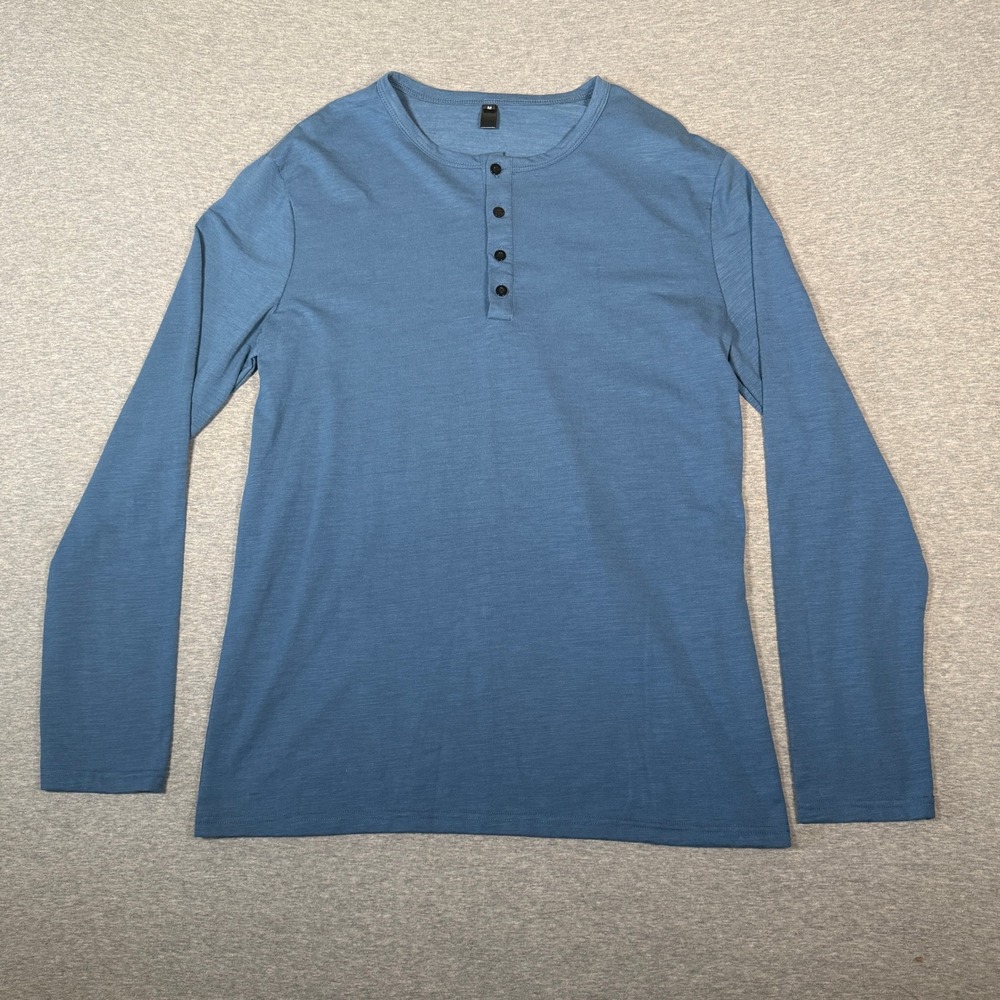 Mens Slate Blue Long Sleeve Henley Shirt Slub Knit Casual 4-Button Top Size M